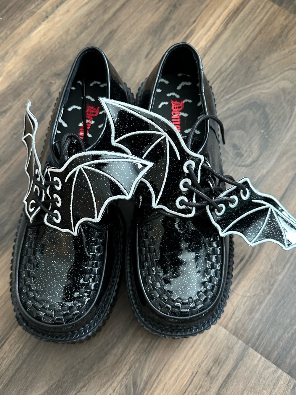 Brand New Demonia Black Glitter Platform Lace-Up Shoes with Bat Wing Accents